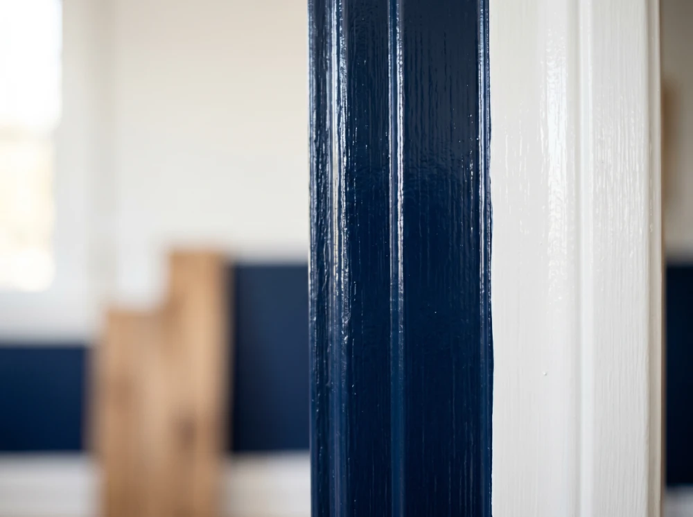 Glossy navy-painted trim meeting crisp white casing — Alfa Painting detail work in a Rhode Island home