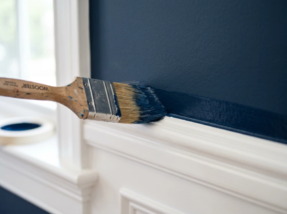 Detail of a perfectly cut paint line between a navy wall and white trim — Alfa Painting
